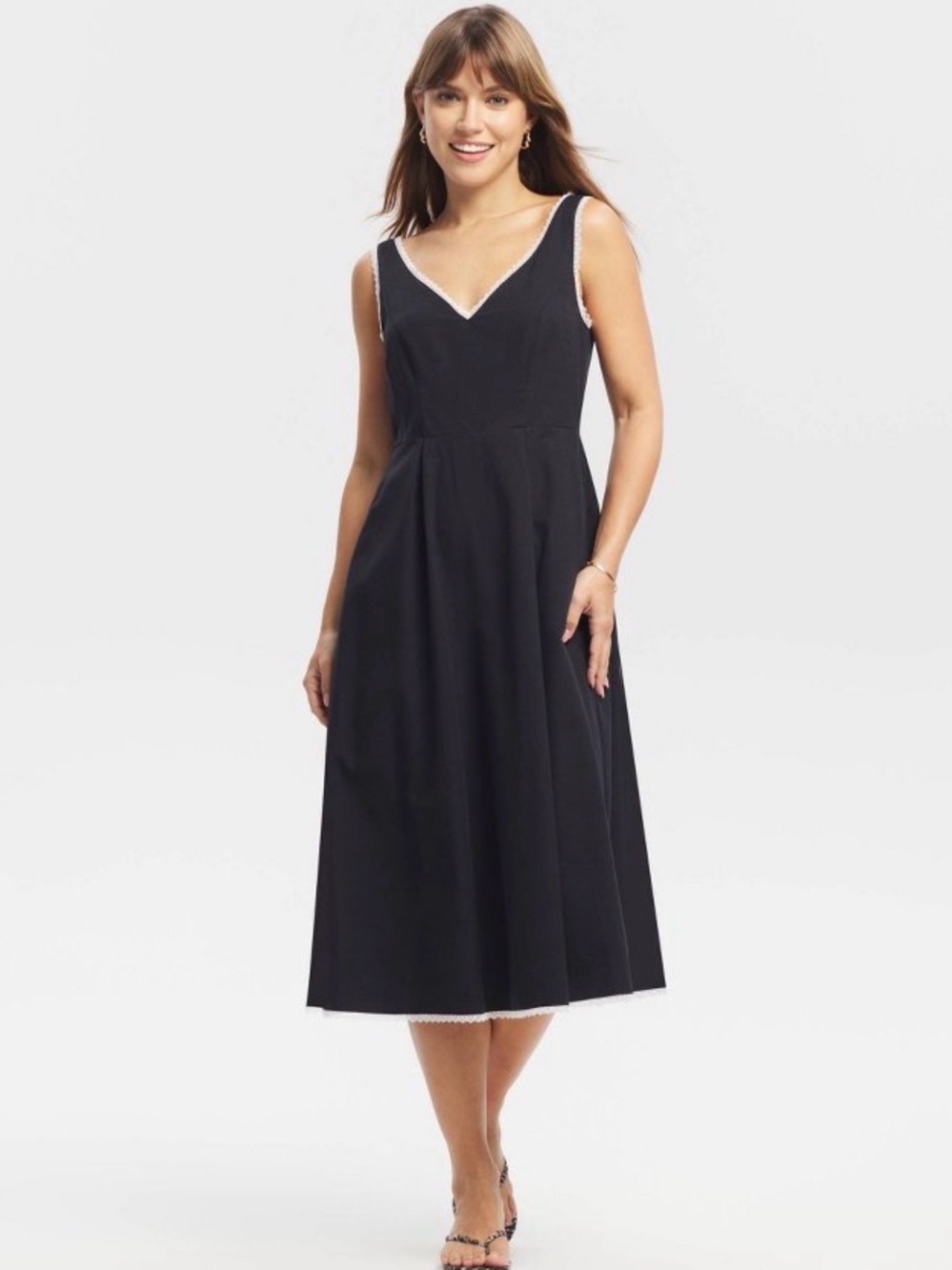 a new day Black V-Neck Midi Dress with White Lace Trim